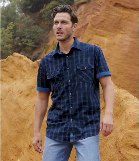 Men's Blue Checked Shirt - Short Sleeves