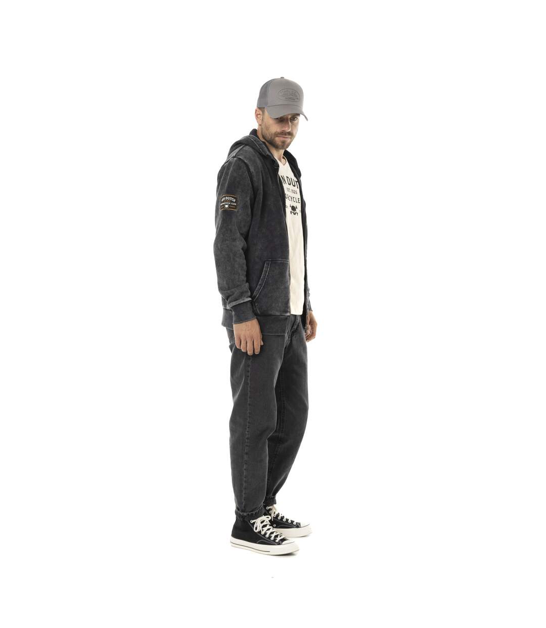 Sweat zippé homme à capuche en molleton et acid wash avec patchs Vondutch-3