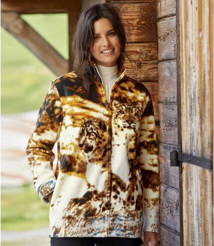 Women's Brown Panther Print Fleece Jacket