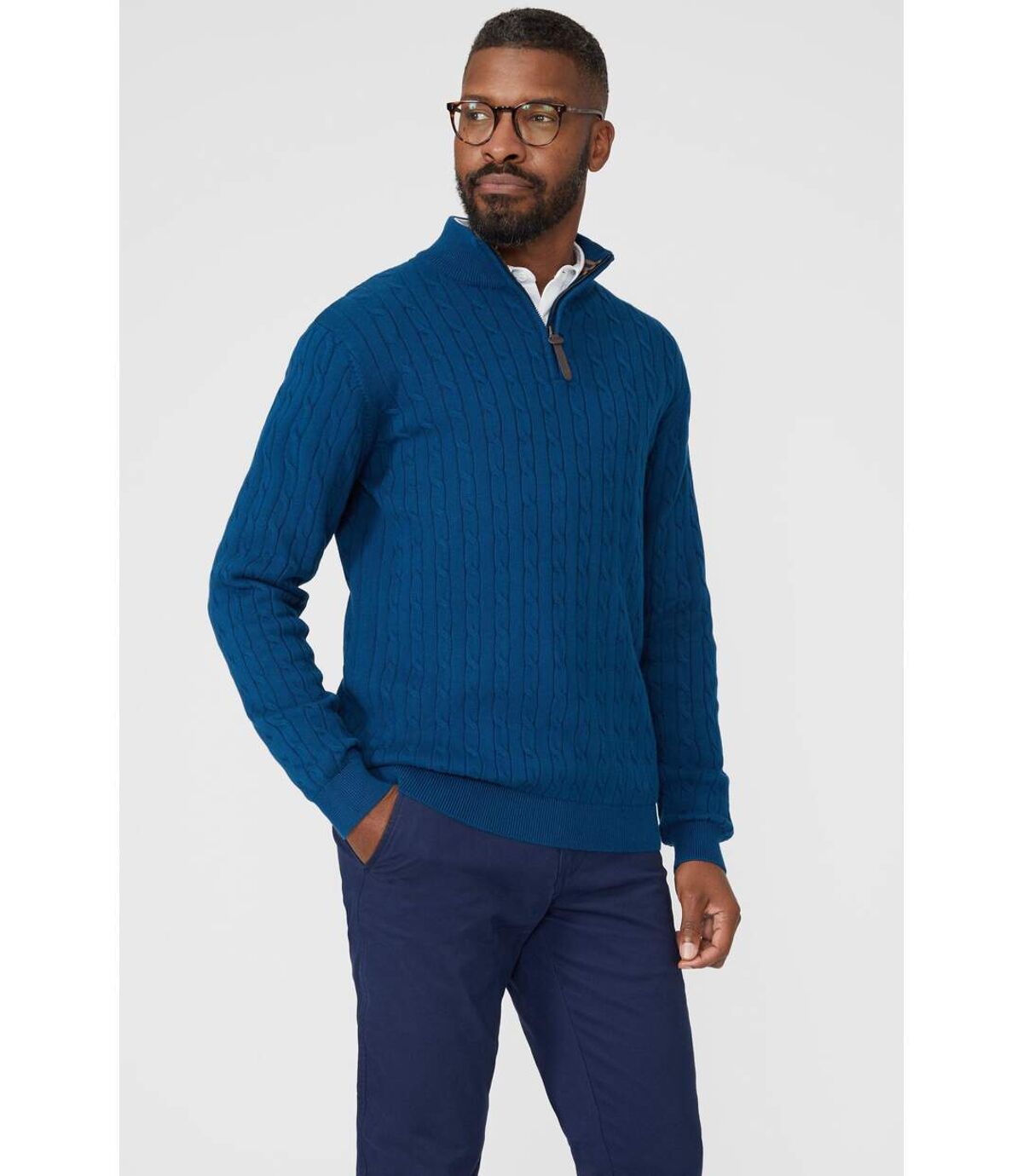 Maine Mens Cable Cotton Half Zip Sweater (Dark Blue)