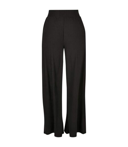 Womens/ladies Jersey Ribbed Wide Leg Trousers Black Urban Classics