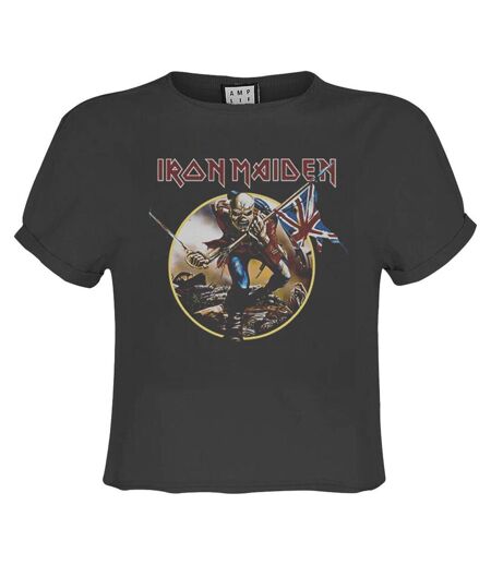 Womens/ladies Trooper Iron Maiden Crop Top Charcoal Amplified