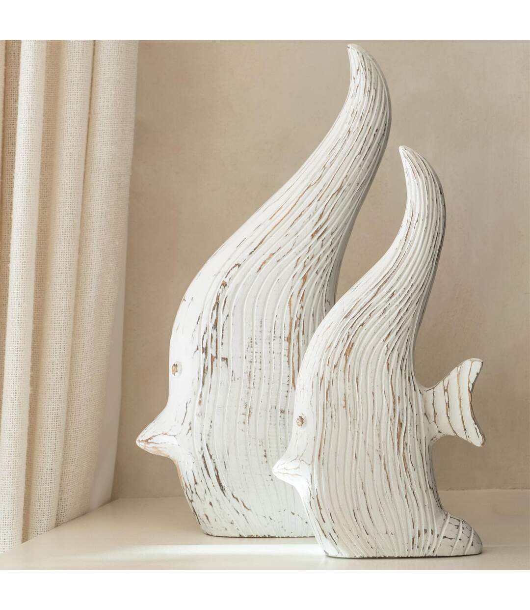 Statuette Déco en Bois Poisson Antique 38cm Blanc-3