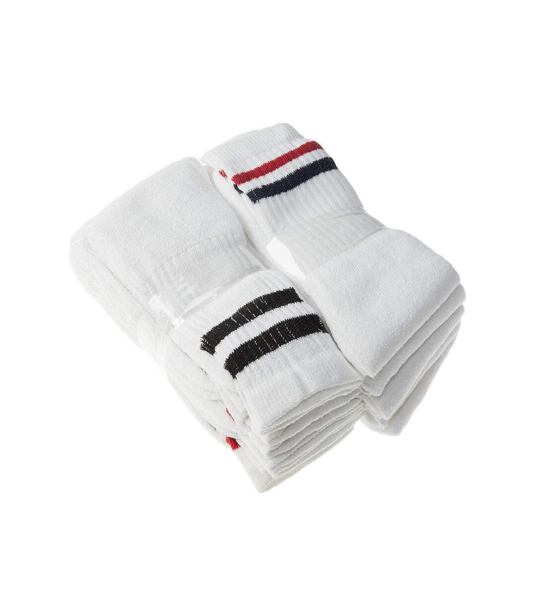 Chaussette Niveau mollet - Lot de 10 - Semelle bouclette - Rayures - Multisport - Epaisse - Coton - Blanc