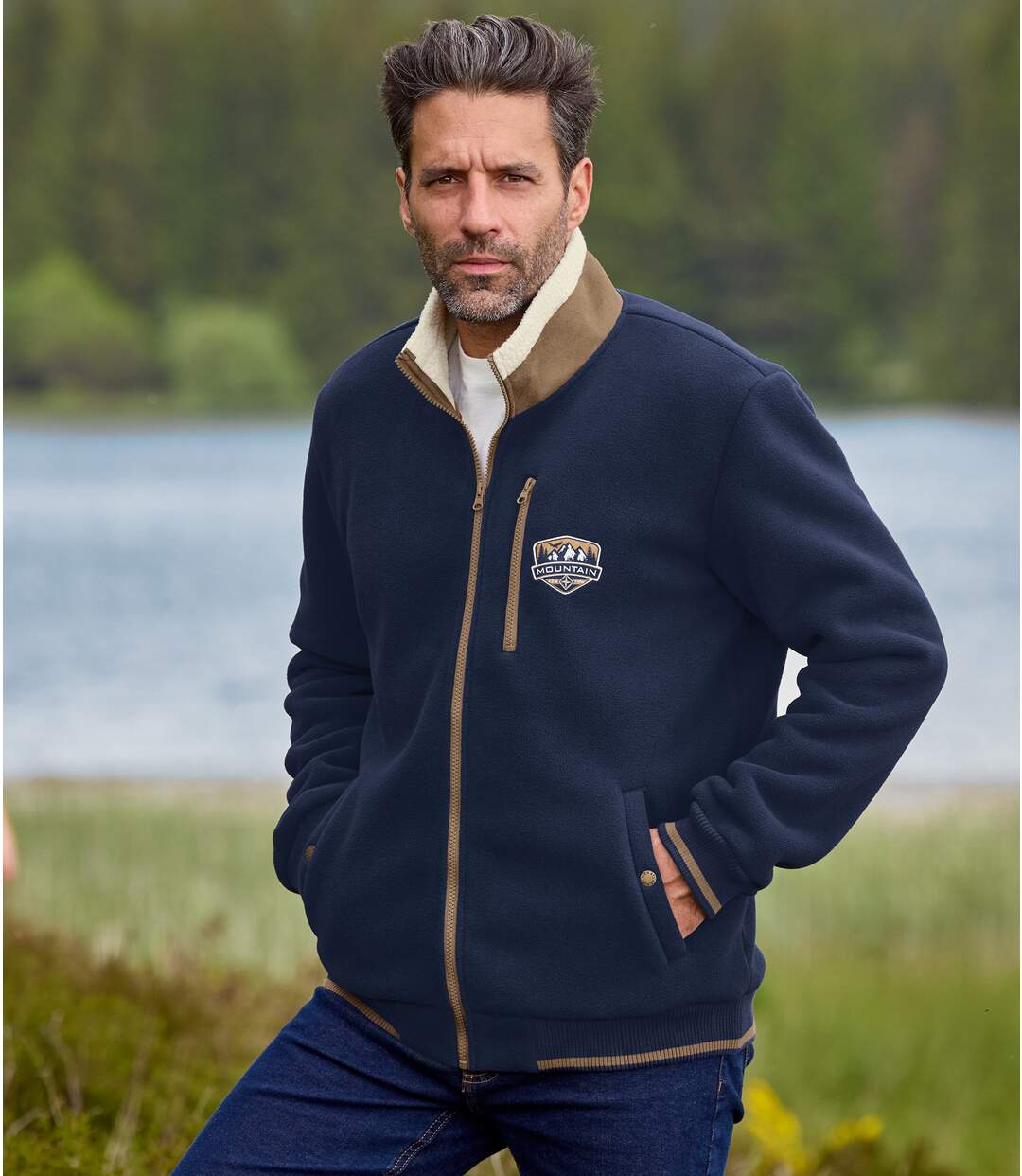 Men's Sherpa-Lined Fleece Jacket - Navy