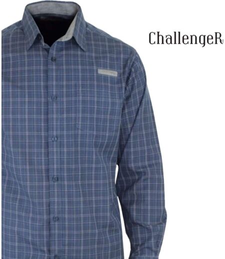 CHALLENGER CH2010 — Chemise à carreaux manches longues gris et bleu : confort en pur coton twill et aisance quotidienne