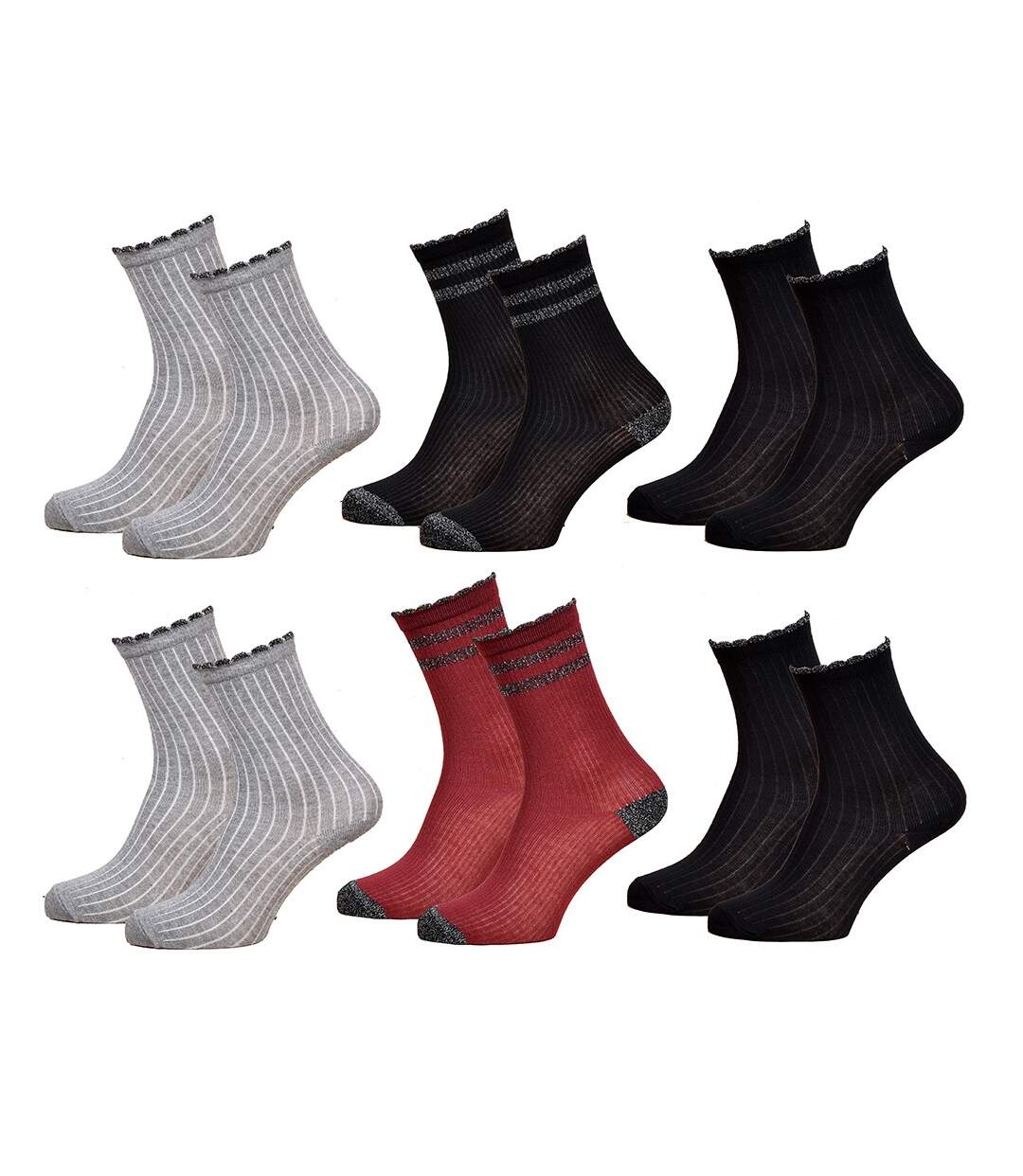 Chaussettes Femme Fantaisie Confort Coton Majoritaire Pack de 6 Paires Côtelées Lurex-1