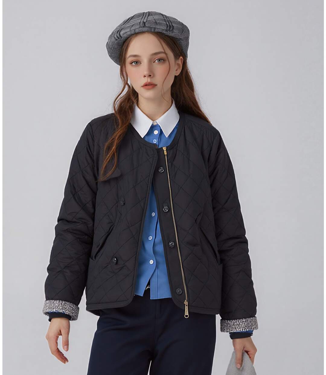 Casquette Rétro Femme en Viscose et Laine - Gris Carreaux-5