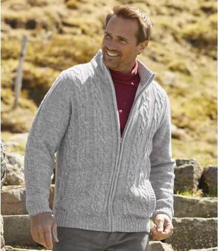 Men's Light Grey Fleece-Lined Knitted Jacket - Full Zip
