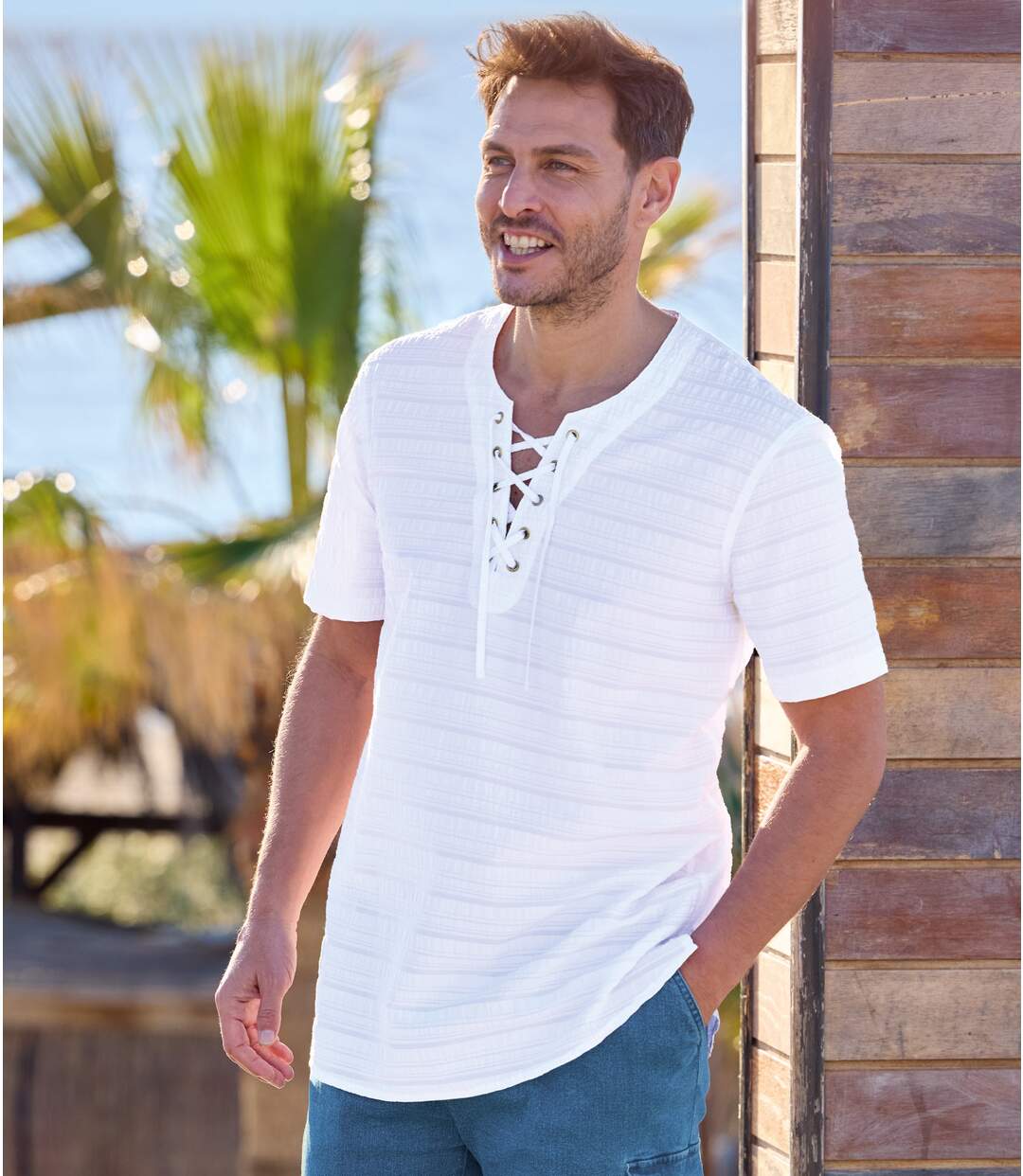 Chemise estivale à col lacé homme - blanc-1