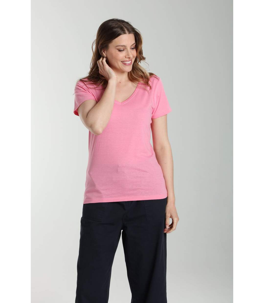 Tee Shirt Col V Manches Courtes Femme Maddy Bubble Gum(fuschia) | Gerard Pasquier Avec Col-v | Gerar-1