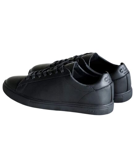 Mens Bradley Leather Low Cut Flat Trainers Triple Black CLAE