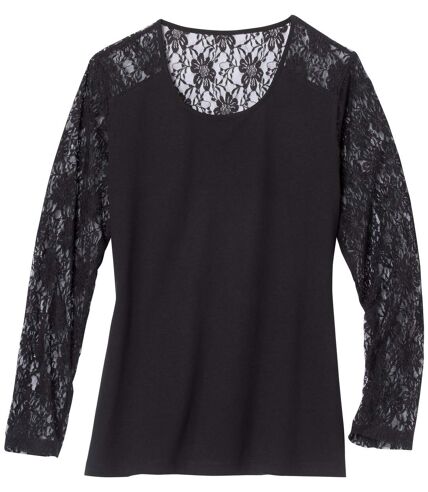 Women's Black Cotton & Lace Top