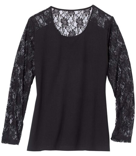 Women's Black Cotton & Lace Top