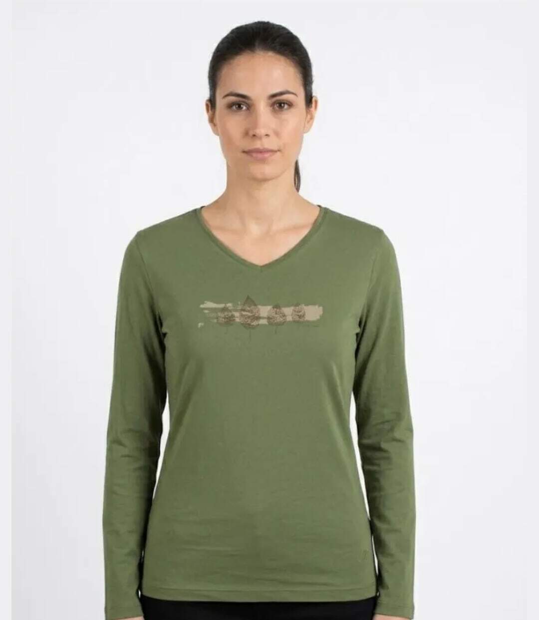Mayflower NERVAL4 : Tee-shirt femme manches longues vert olive avec petit col V-1