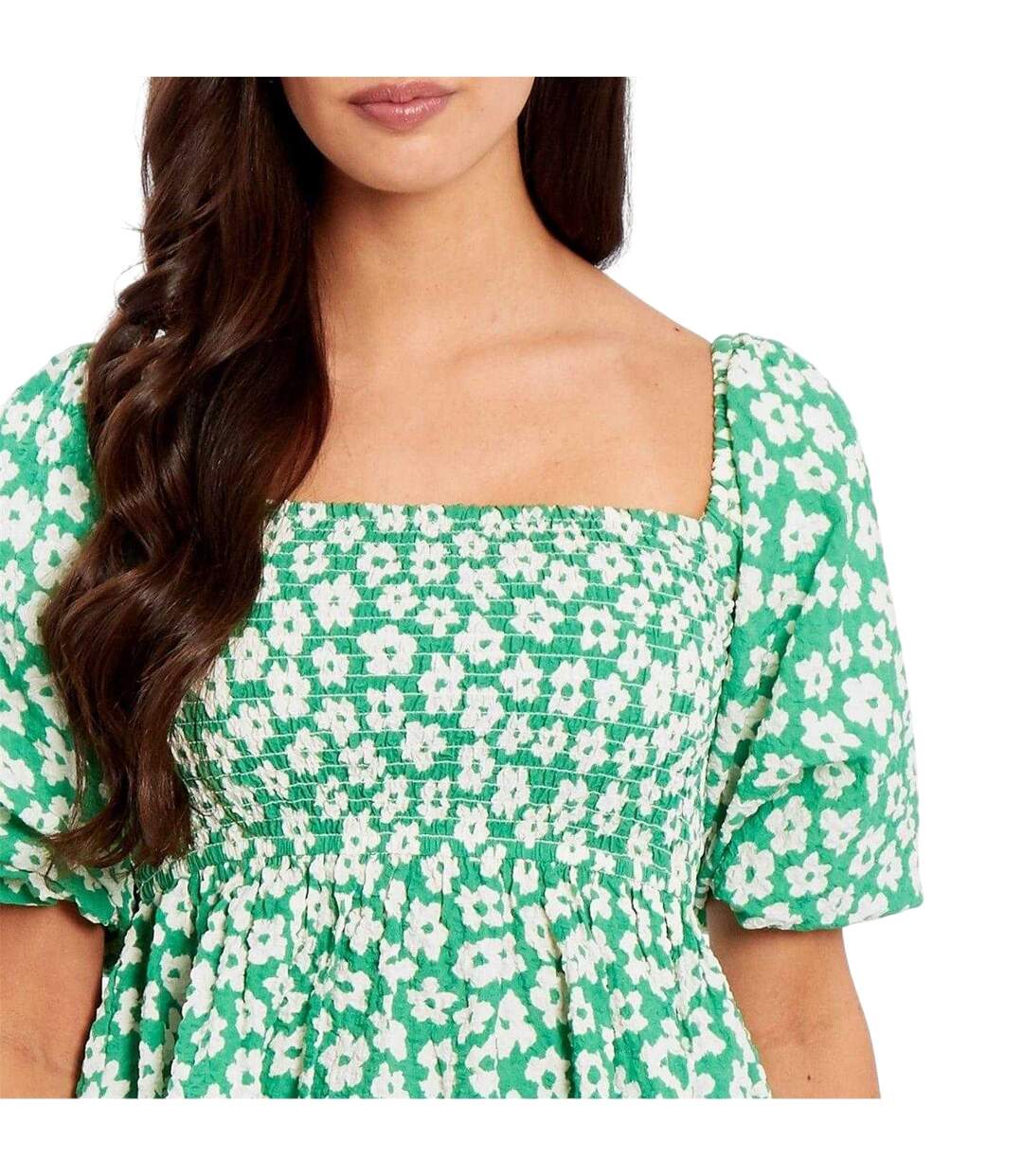 Womens/ladies Waffle Square Neck Puff Sleeve Blouse Green White Be You-4