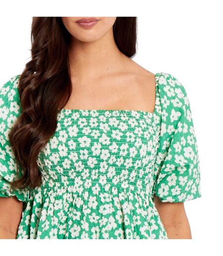 Womens/ladies Waffle Square Neck Puff Sleeve Blouse Green White Be You