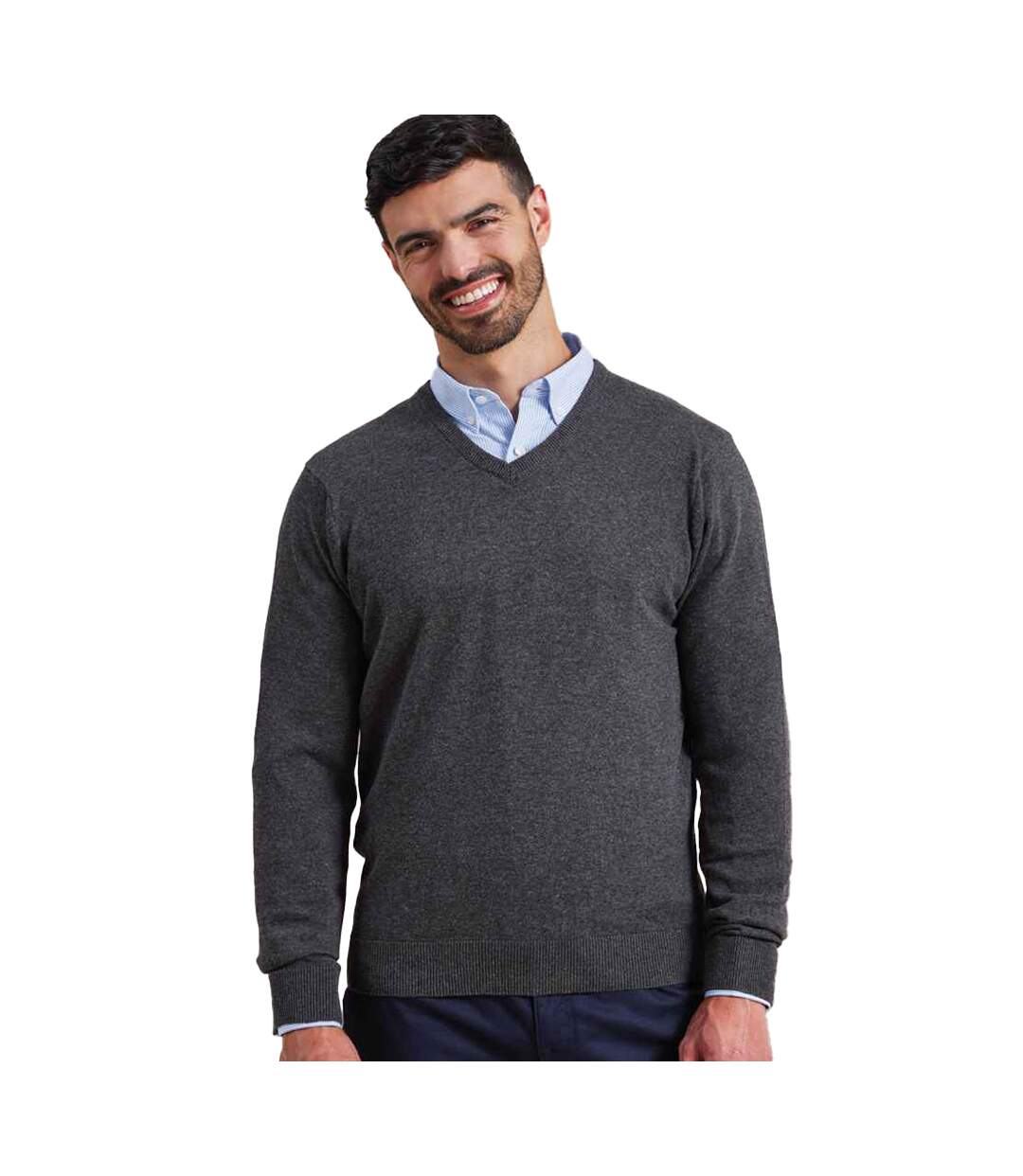 Mens Knitted Cotton Acrylic V Neck Sweatshirt Charcoal Premier-1