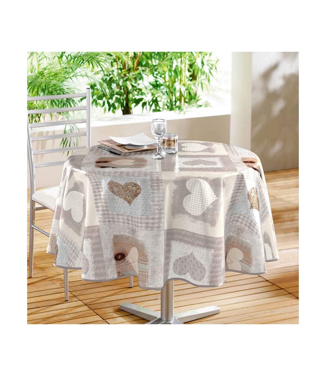 Nappe Ronde Toile Cirée Cosy Coeur 160cm Gris-1