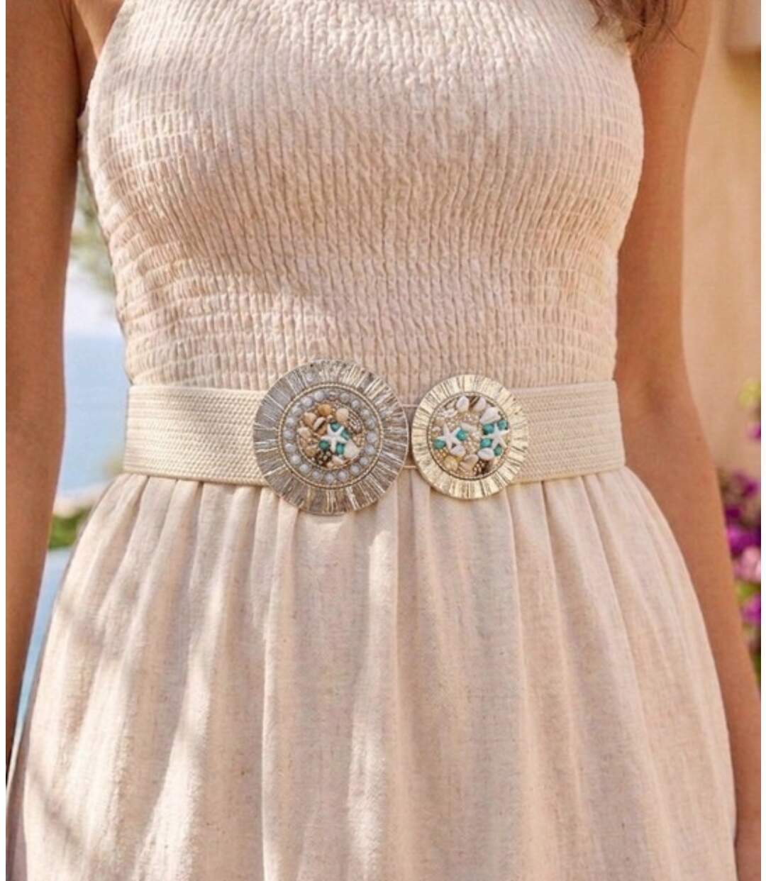 Ceinture Femme élastique Ecru - Boucle Dorée & Coquillage - Taille Unique-4