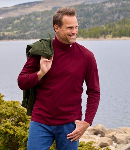 Pack of 3 Men's Turtleneck Tops - White Khaki Burgundy  