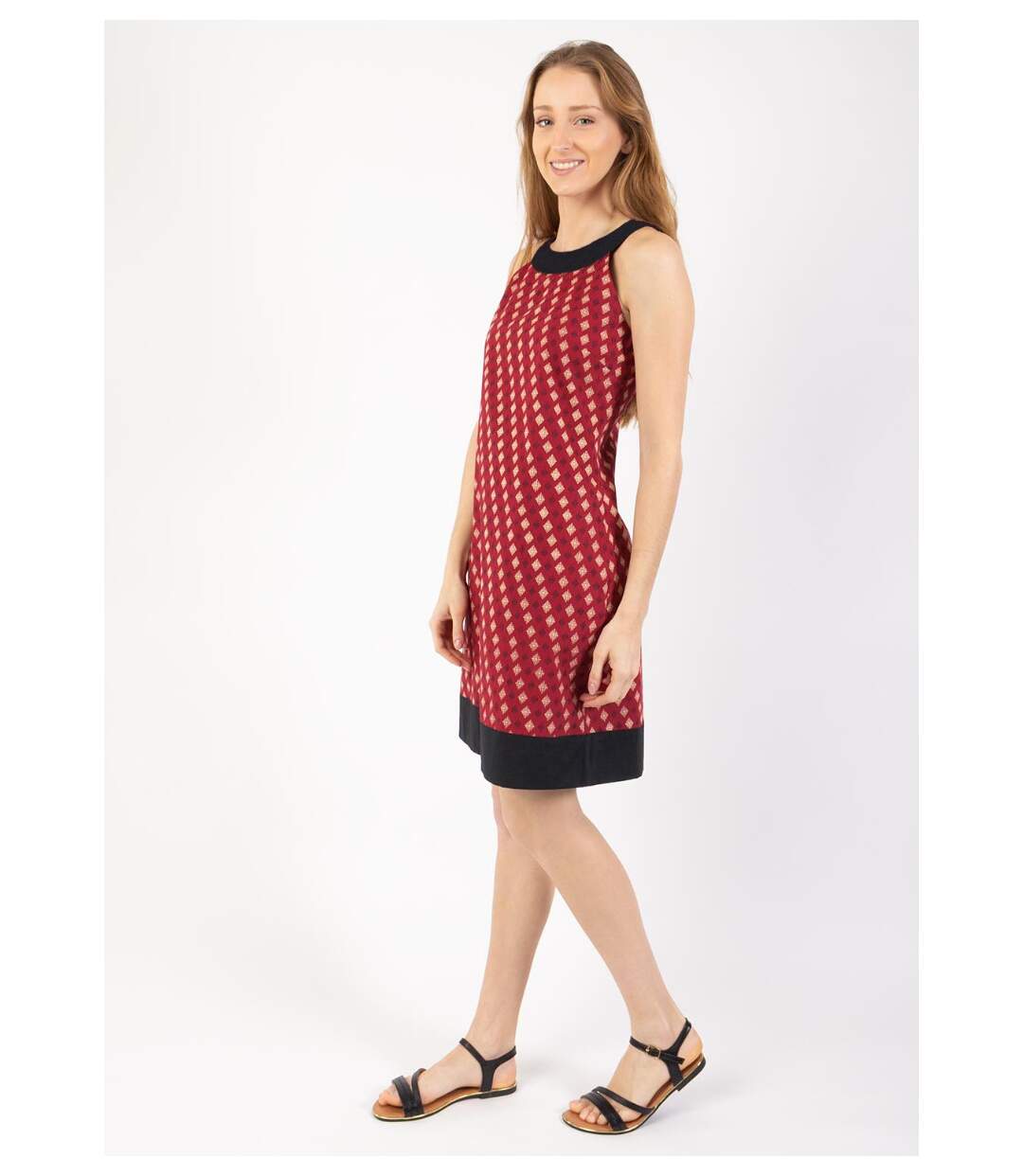 Robe courte en coton CECILIA col rond imprimé ethnique bordeaux Coton Du Monde