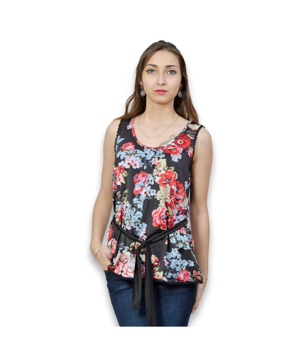 Blouse femme sans manche  à large bretelles - Motif imprimé fleurs - Col rond-1