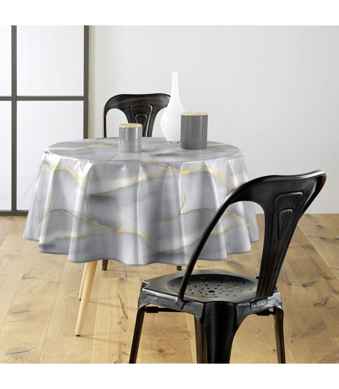 Nappe Toile Cirée Ronde Marbrelle 160cm Gris-4