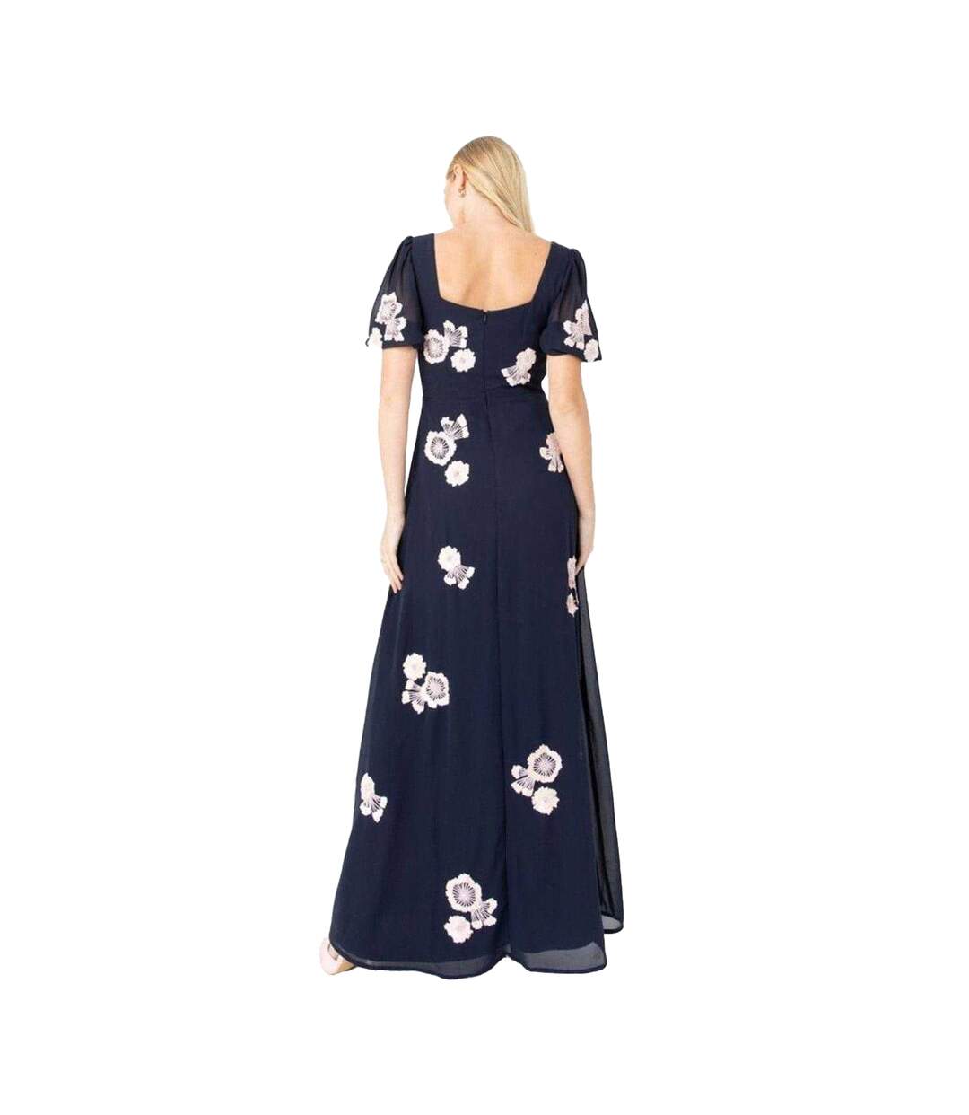 Robe Longue Manches Bouffantes Motif/style Broderie Florale Femme Bleu Marine Maya Deluxe-2