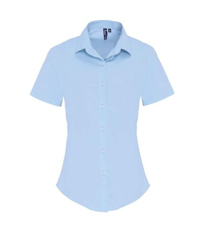 Premier Womens/Ladies Stretch Fit Poplin Short Sleeve Blouse (Pale Blue) - UTRW6586