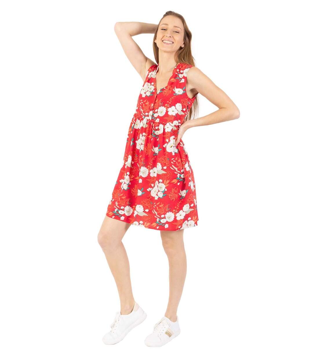 Robe courte babydoll ALEXA imprimé fleuri rouge Coton Du Monde