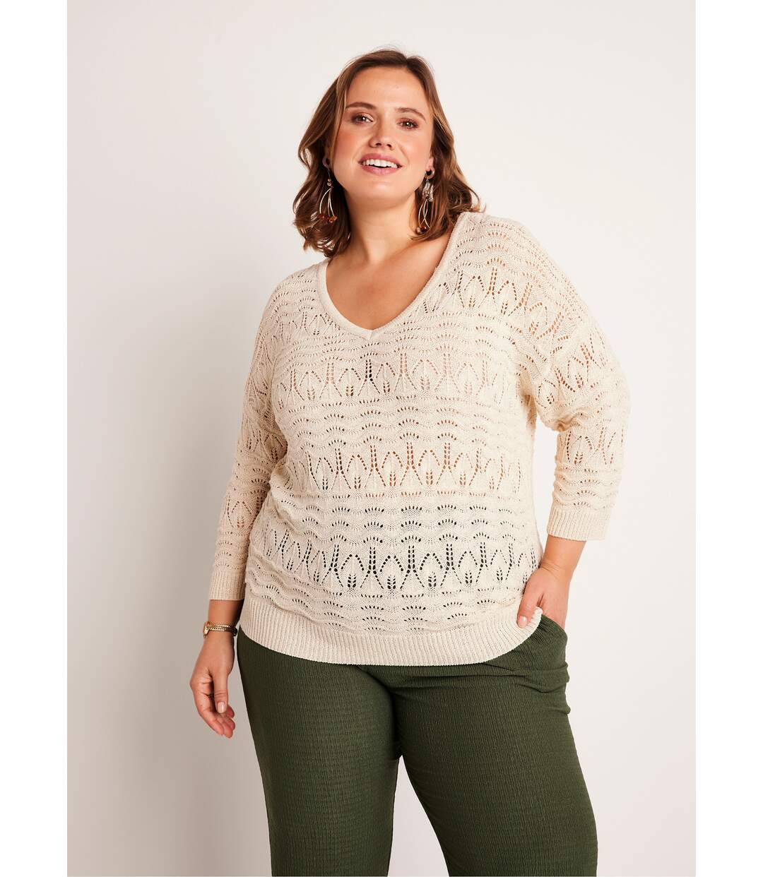Pull manches 3/4 motif ajouré col V-1