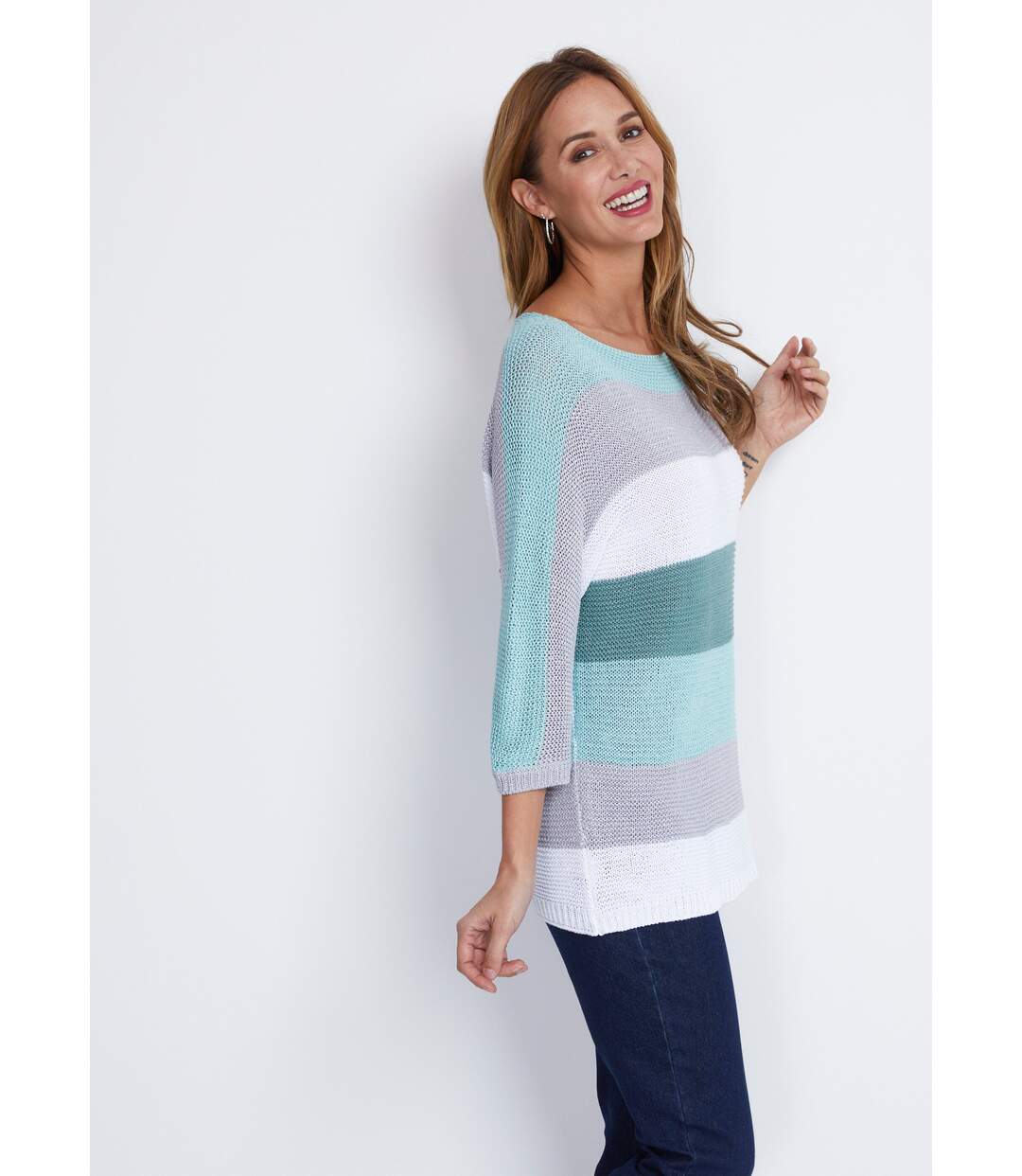 Pull rayé manches 3/4 point mousse-3