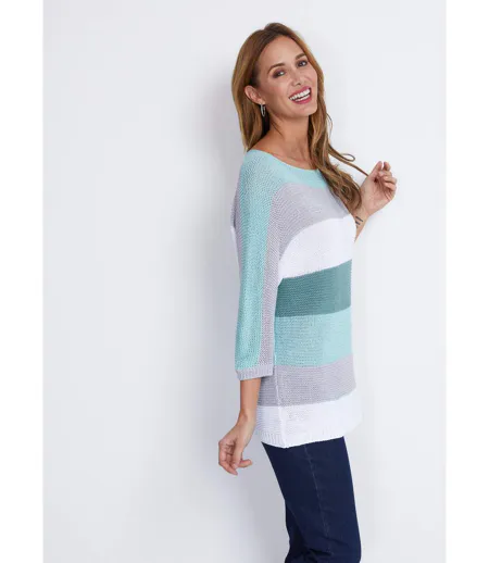 Pull rayé manches 3/4 point mousse