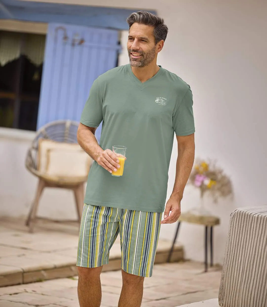 Men's Green Striped Pyjama Short Set-4