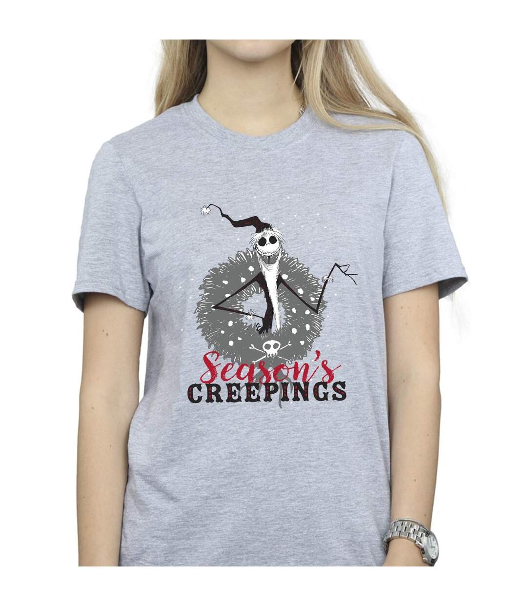 Disney Womens/Ladies The Nightmare Before Christmas Seasons Creepings Wreath Cotton Boyfriend T-Shirt (Gris sportif) - UTBI41796-3