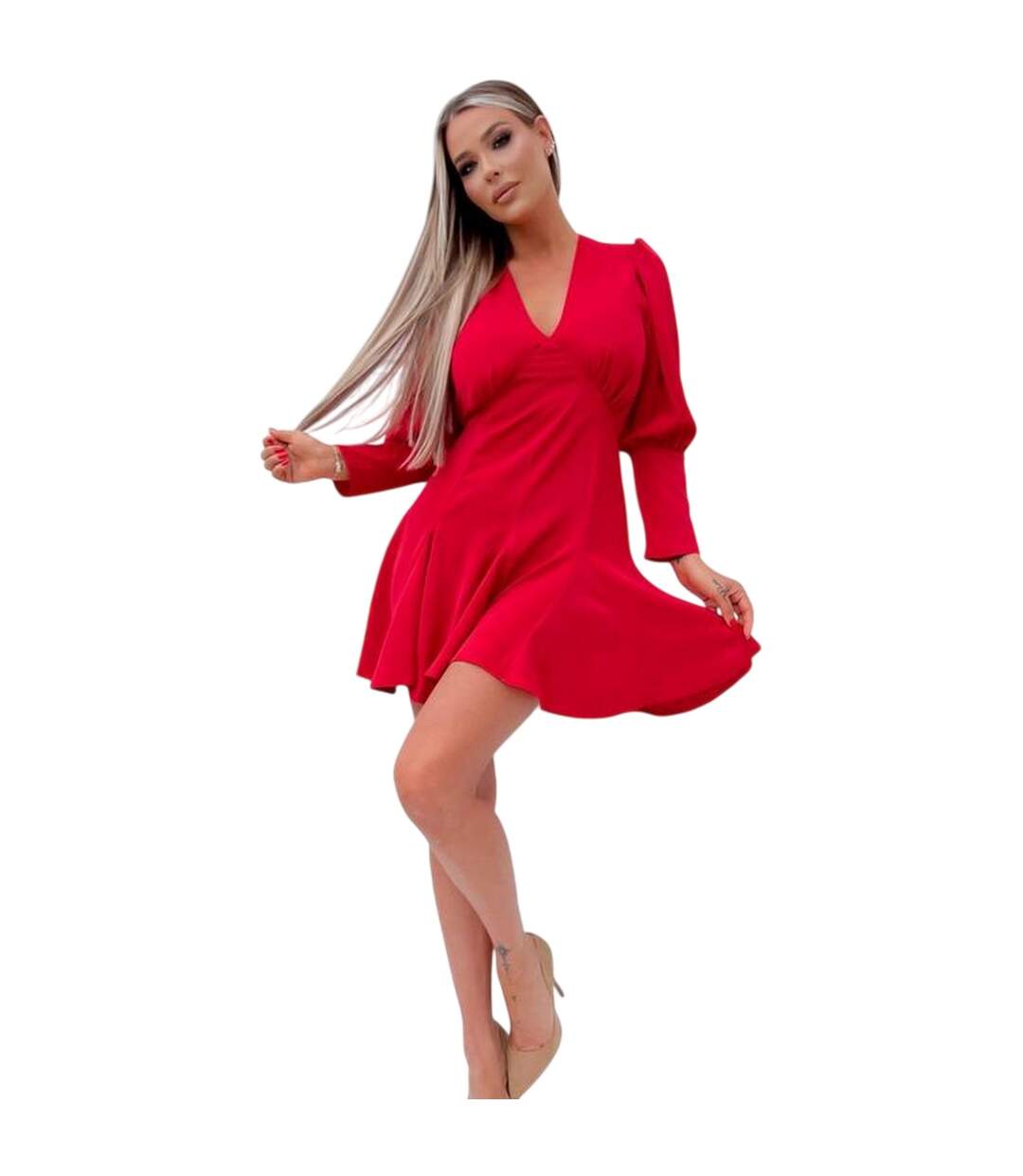 Womens/ladies Polyester Long-sleeved Skater Dress Red AX Paris-4