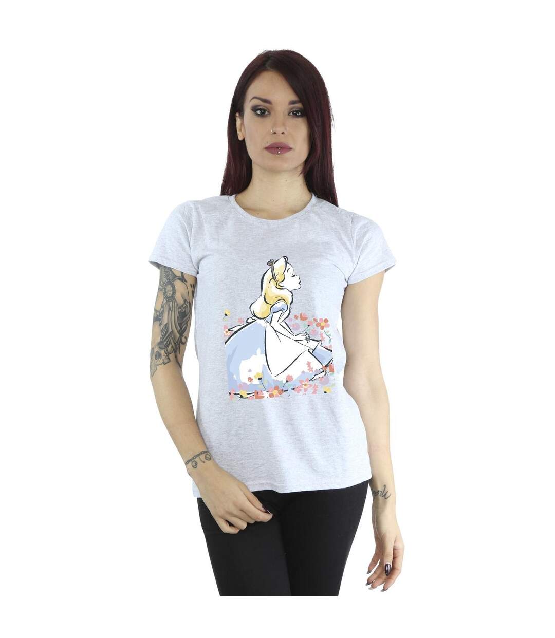Disney Femme/Ladies Alice In Wonderland - T-shirt en coton avec croquis de fleurs (Gris sportif) - UTBI7084-2