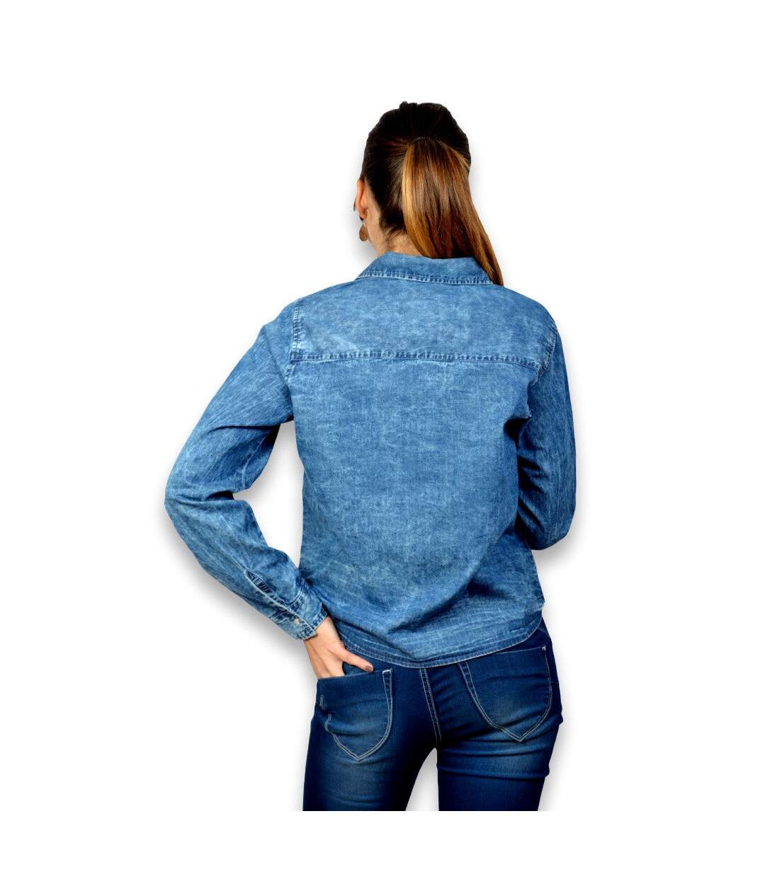 Chemise manches longues en jean femme  jean délavé coupe courte et ajustée-2