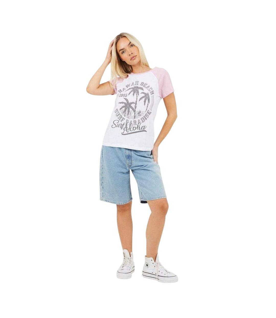 Womens/ladies Lettering Contrast Sleeves T-shirt White Lilac Brave Soul-4