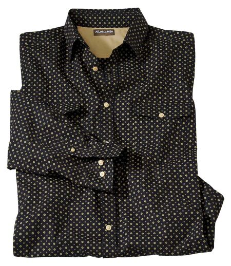 Men's Printed Black Poplin Shirt - Long Sleeves