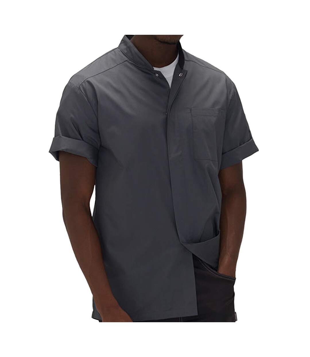 Mens Polycotton Slim Short-sleeved Chef Shirt Storm Grey Black Le Chef-1