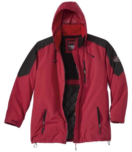 Men's Red Water-Repellent Parka Coat - Full Zip - Foldaway Hood 