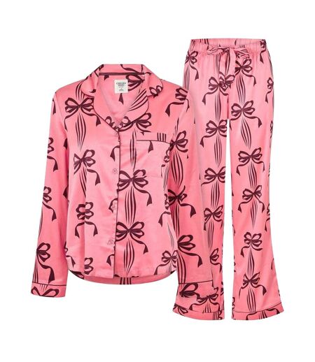 Womens/ladies Bow Long-sleeved Long Pyjama Set Pink Chelsea Peers