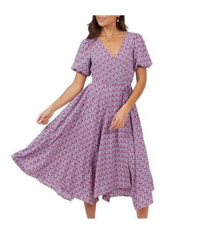 Womens/ladies Floral Pattern Puff Sleeve Wrap Dress Pink Brave Soul