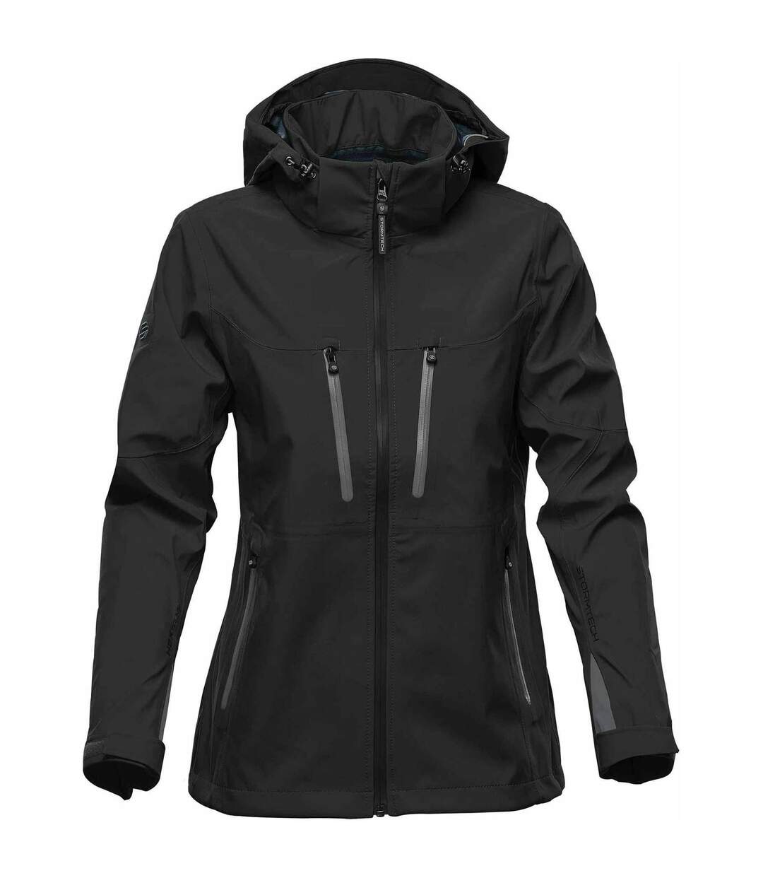 Womens/ladies Patrol Hooded Soft Shell Jacket Black Carbon Stormtech-1