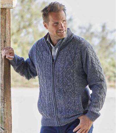 Men's Fleece-Lined Knitted Full Zip Jacket - Blue Marl