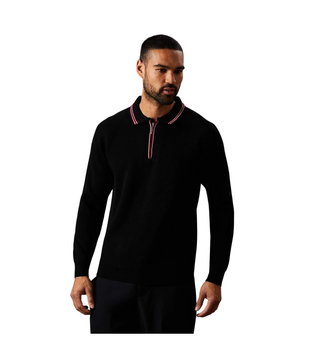 Mens fine gauge knitted long-sleeved polo shirt black Burton-1