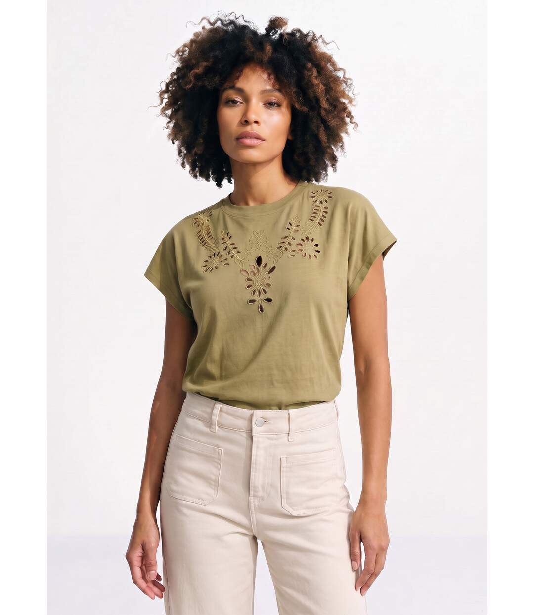 T-shirt coton encolure broderie anglaise-1