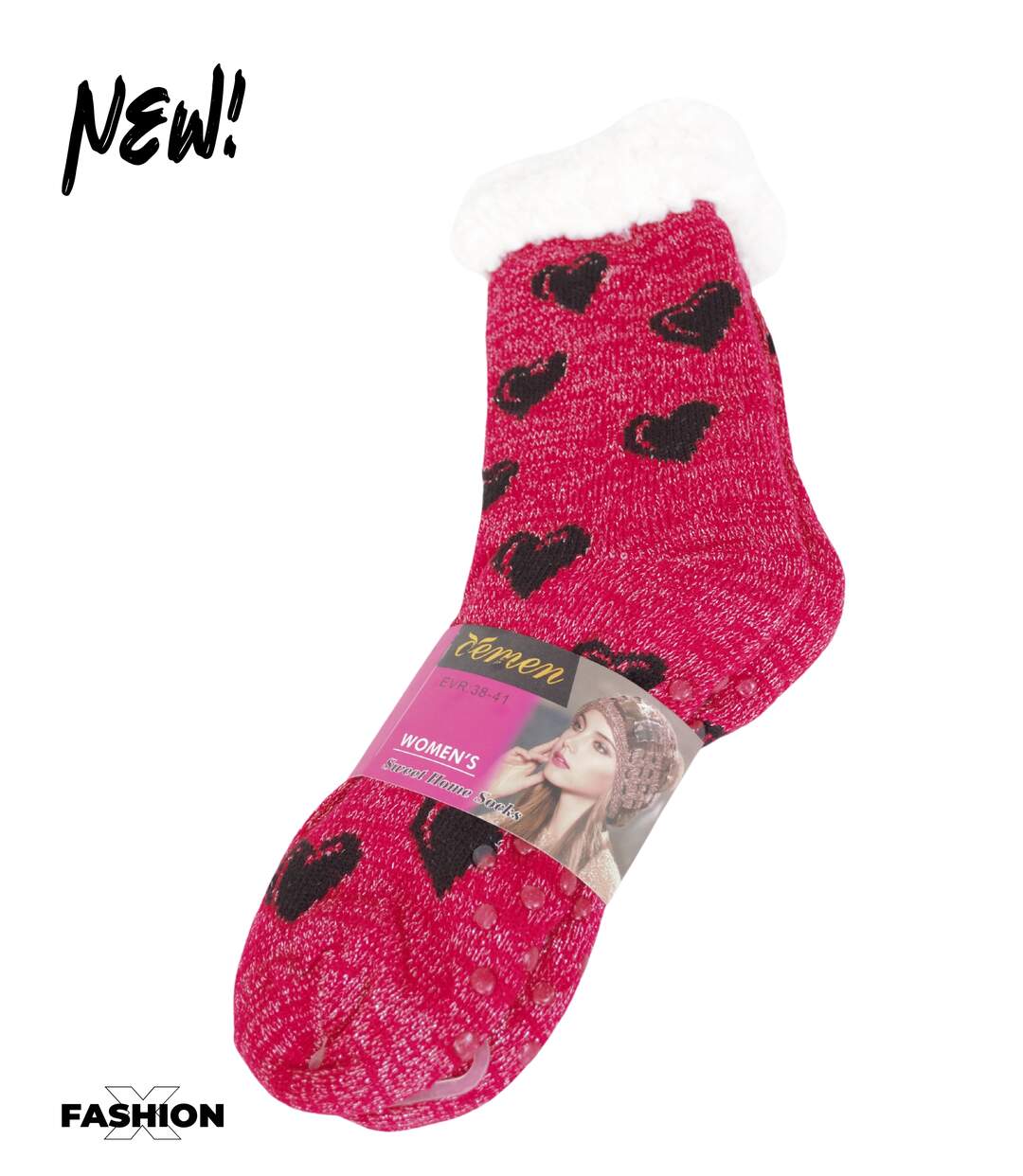 Chaussette Femme - Motifs coeurs - Chaussette fourrée - Fushia-1